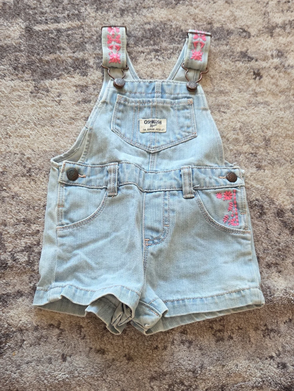 OshKosh B'gosh Light Wash Pink Flower Embroidered Short Overalls Size 12M